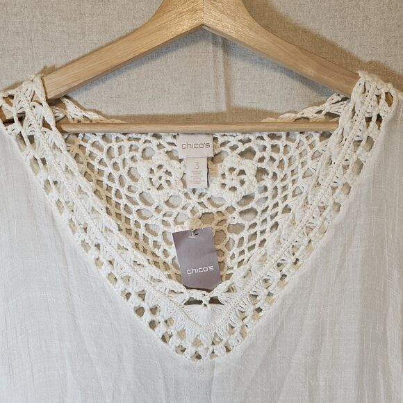 Chicos VNeck Macrame Sheer Top Blouse Women 3 XL White Fringe Boho Cottage NWT - Picture 4 of 10